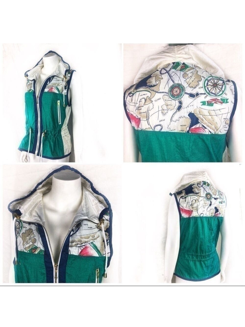 EUC-VINTAGE 90s Active Frontier Women's  Nautical Map Color Block Hooded Vest PM
